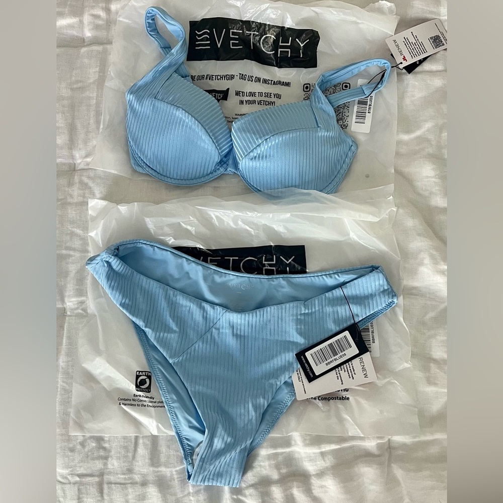 VETCHY LAGUNA BIKINI BABY BLUE RIBBED SET Size small DD top & L bottom NWT!